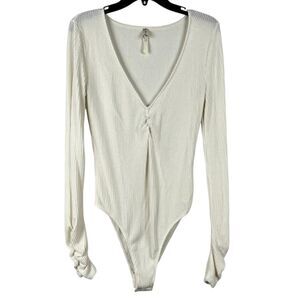 Free People Intimately Ivory Ribbed Ruched Long Sleeves V Neck Bodysuit Large